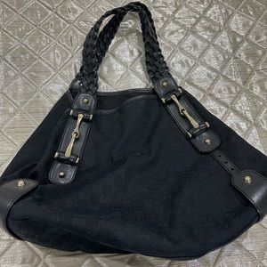 Gucci Black GG Canvas Pelham Horsebit Leather Shoulder Bag